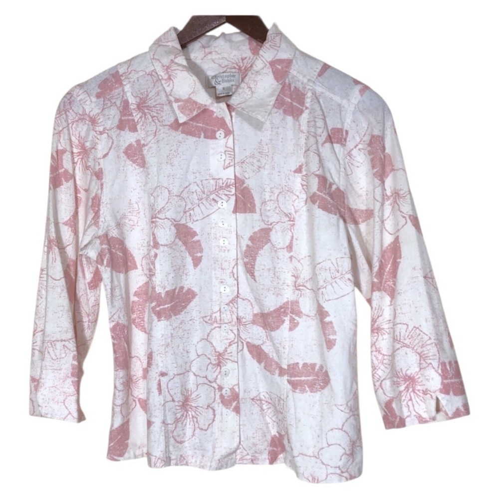 Christopher and Banks Linen Blend Leaf Print Button Down Shirt Womens Size S